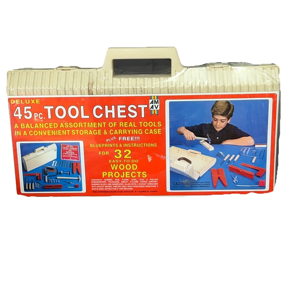 AMAV Vintage 1970s 45 Pc Tool‎ Chest Toy Real Tools Carrying Case Blueprints New